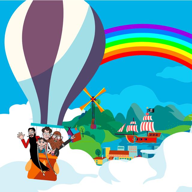 Ramasjangø billede med tegnefigurer som blandt andet Hr. Skæg i luftballon. 
