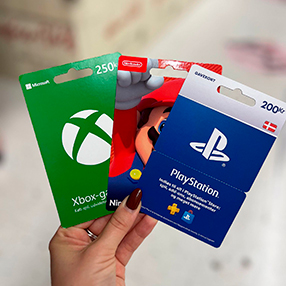 3 forskellige gavekort til henholdsvis Xbox, Nintendo og PlayStation i Vestsjællandscentret.